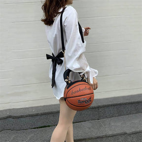 Basketball Shaped Handbags PU Adjustable Strap Messenger Bag for Women Girls-Brown