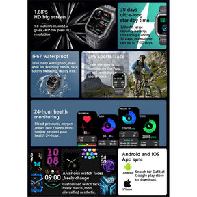 KR06 Mens Military HD Smart Watch Fitness Tracker Heart Rate Sleep Monitor-Black Camouflage