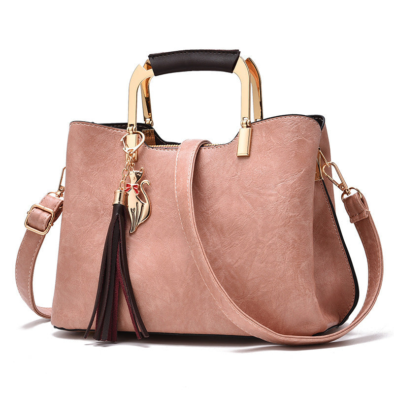 Ladies Leather Vintage Handbag Large Capacity Shoulder Bag-Pink