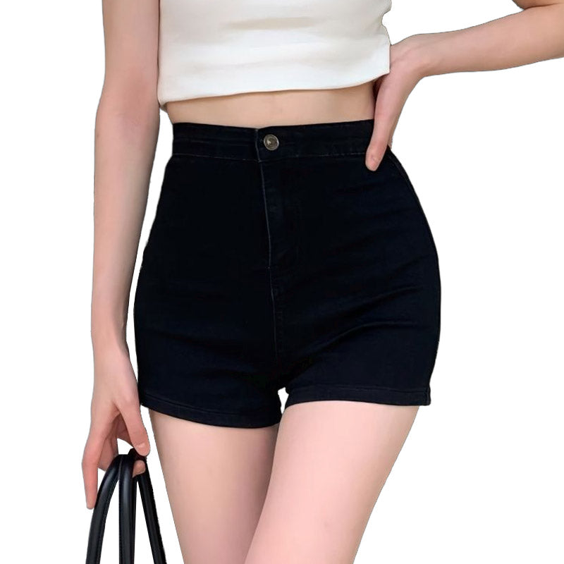 Womens High Waisted Denim Shorts Frayed Distressed Summer Slim Fit Jeans-Black