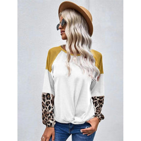 Womens Twist Knot Shirts Waffle Leopard Print Color Block Loose Fit Tops-White