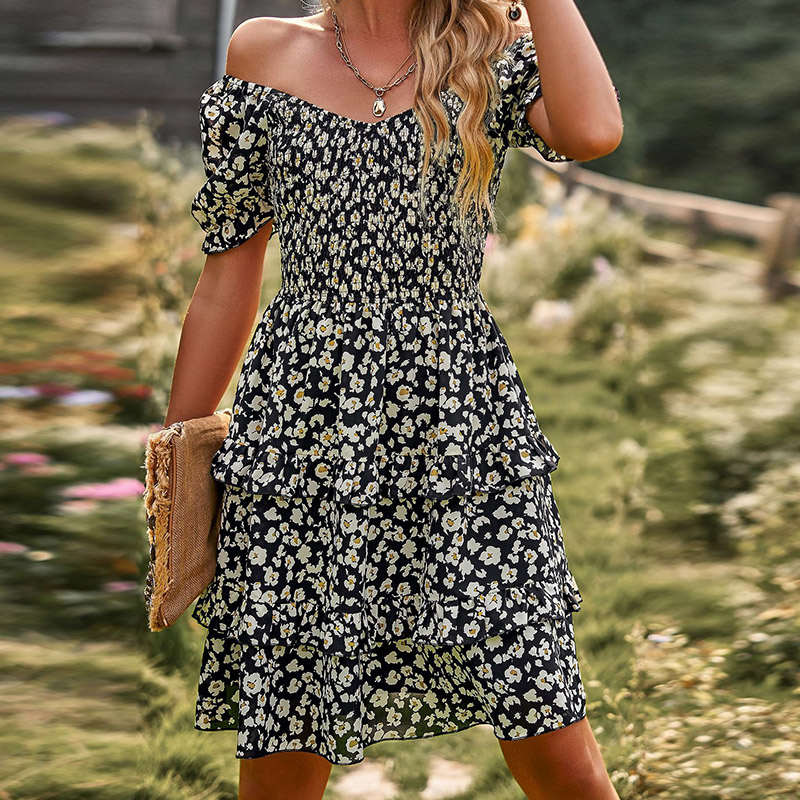 Womens Summer Dress High Waist Floral Smocked Tiered Dresses-Black