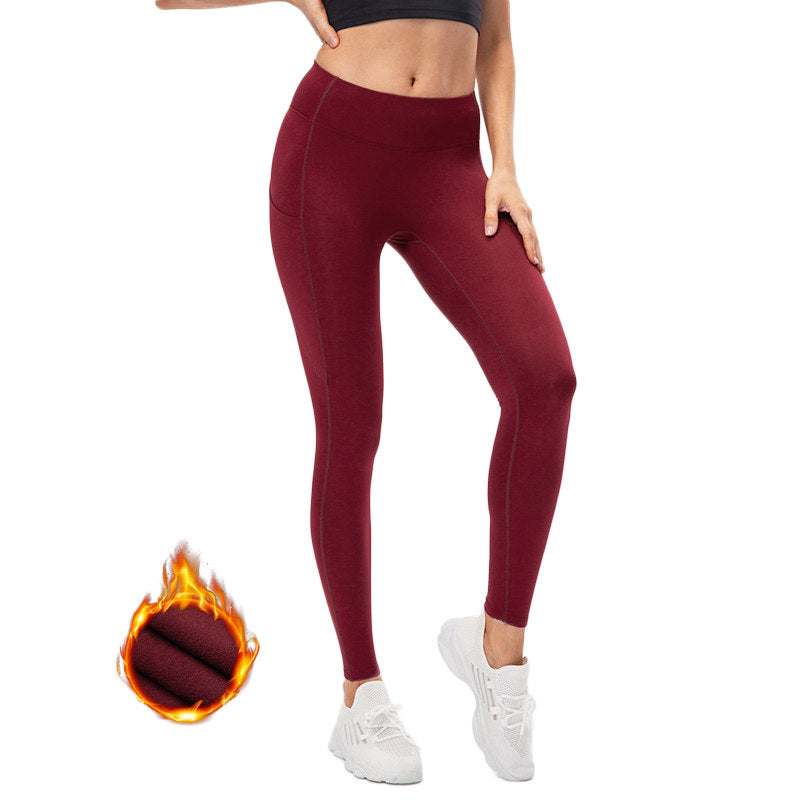 Womens Fleece Leggings with Pockets Tummy Control Thermal Yoga Pants-Red