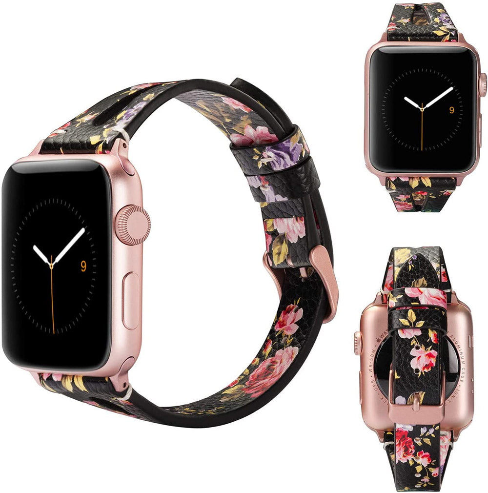 Fashion Triangle Hole Leather Watch Band For Apple Watch SE/6/5/4/3/2/1(Pink Flower)