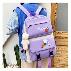 5Pcs Kawaii Backpack Set with Pendants Pins for School Teens-Purple