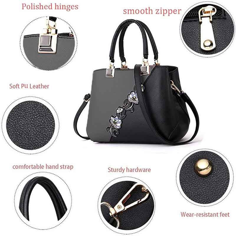 Embroidered Women Top Handle Satchel Fashion Shoulder Bags-Grey