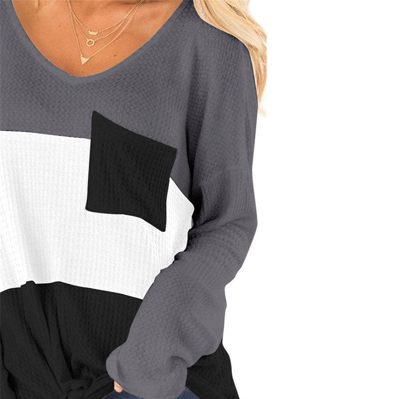 Womens Long Sleeve V-neck Autumn T-shirt Loose Top with Pockets-Gray