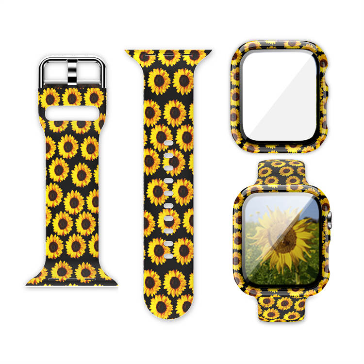 Silicone Printed Watch Band with Screen Protector Case for iWatch Series SE/6/5/4/3/2/1-SunFlower