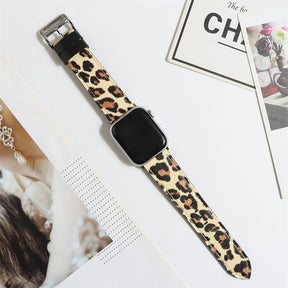 Genuine Leather Apple Watch Band Leopard Wristband for iWatch Series SE/6/5/4/3/2/1-Brown