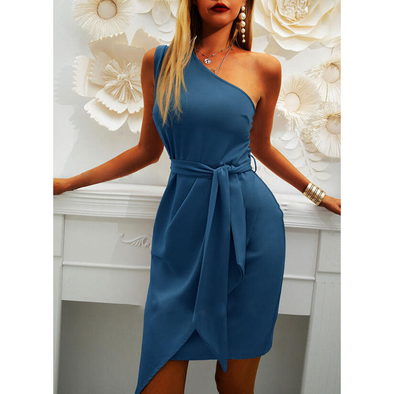 Solid Color Sleeveless Sloping Shoulder Strap Party Cocktail Dress-Blue