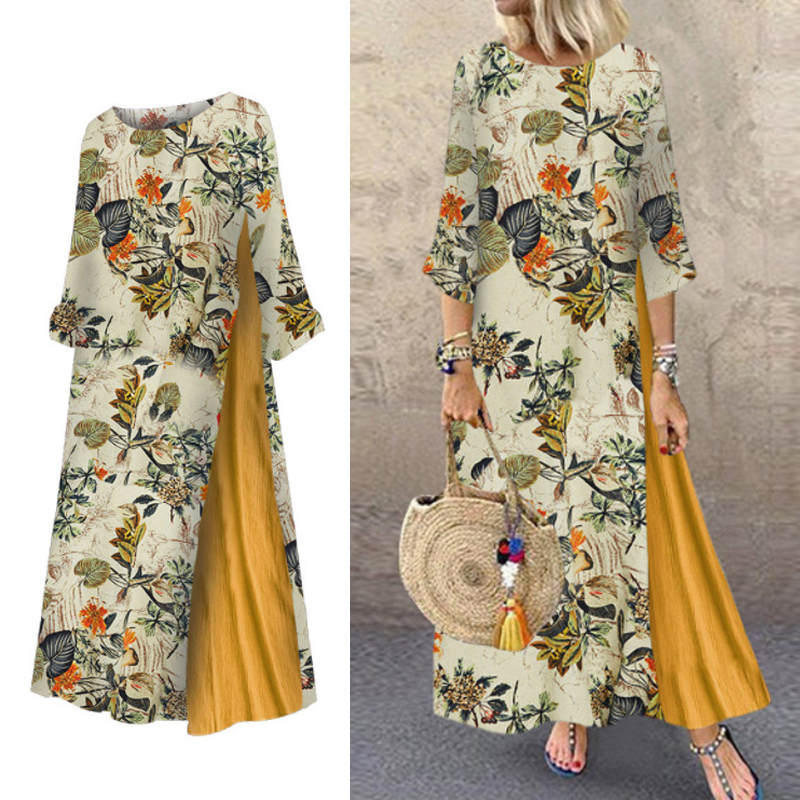 Womens Long Dress 3/4 Sleeve Flowy Floral Casual Dress for Summer-Yellow