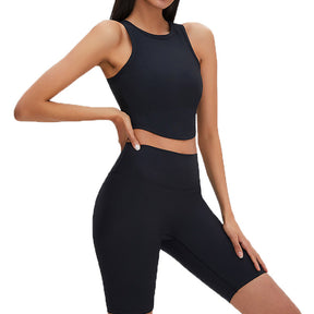 Rib-Knit Crop Tank Tops Removable Padded Quick Dry Sports Bras-Black