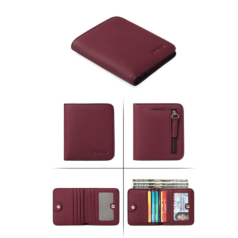 Womens Leather Mini Wallet with ID Card Window Portable Coin Purse-WineRed