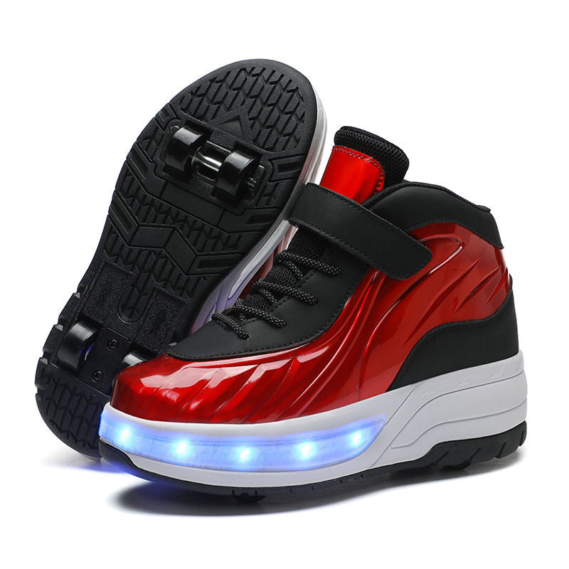 Fashion Kids Sneakers LED Roller Skate Shoes with Four Wheels-Red