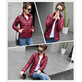 Lookbook Womens Lightweight Puffer Jacket Winter Stand Collar Short Coat-Wine Red