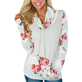 Womens Striped Floral Stack Neck Sweatshirt with Pockets-Gray