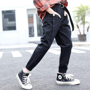 Girls Joggers Long Pants Pockets Outdoor Casual Trousers Buttons-Black