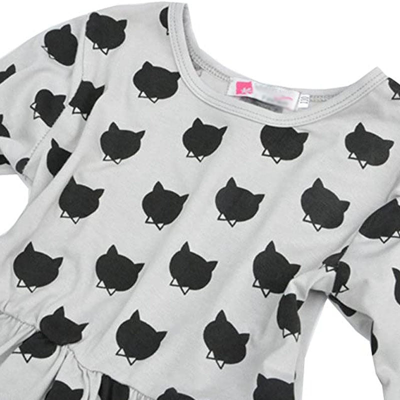 Girls Holiday Dress Graffiti Cat Printed Long Sleeve Toddler Dresses-Gray