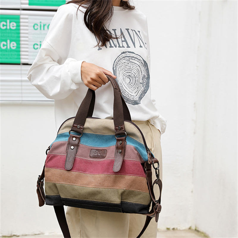 Canvas Handbag Multi-Color Striped Shoulder Bag for Women-Retro