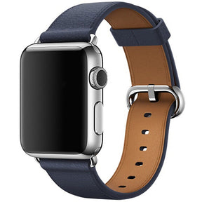 Litchi Pattern Leather Replacement Watch Band For iWatch Series SE/6/5/4/3/2/1-MidnightBlue