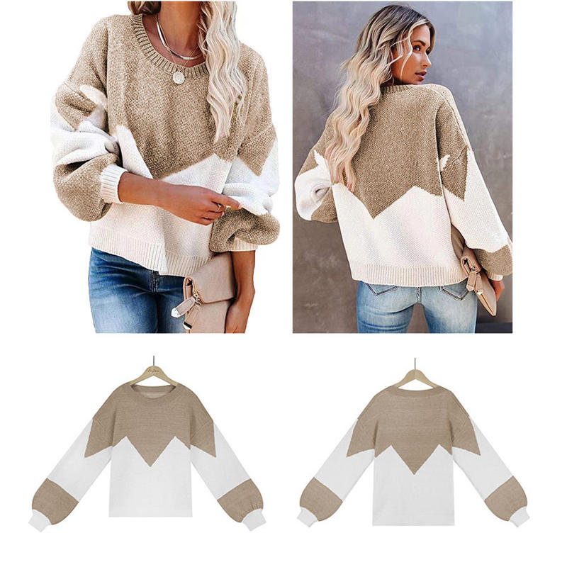 Womens Color Block Loose Knit Pullover Sweater Lantern Sleeve-Khaki