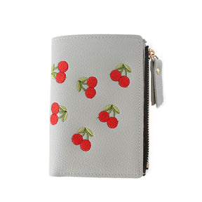 Women Cute Small Wallet Cherry Pattern Card Holder-Grey