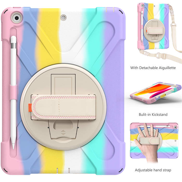 iPad Case With Pencil Stand+Rotating Stand+Shoulder Strap For iPad10.2 Inch 2020/2019-Pink