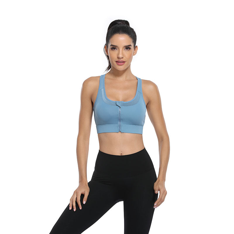 Sports Bra Front Zipper Wide Shoulder Straps Shockproof Yoga Vest -Blue