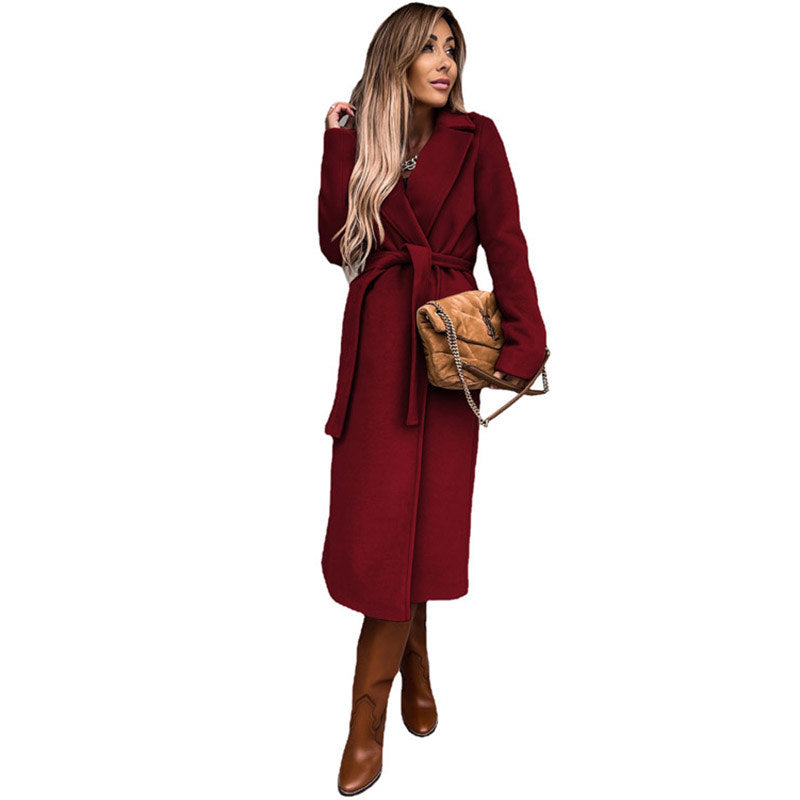 Womens Trench Coats Lapel with Tie Belt Fashion Winter Long Outwear-Wine Red