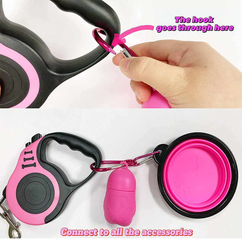 Retractable Dog Leash Lightweight Portative with Folding Bowl Dispenser Waste Bag-Pink