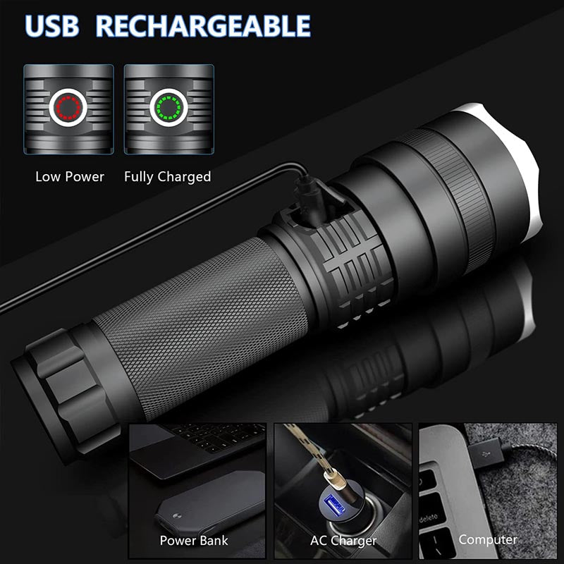 Rechargeable Waterproof Flashlights 4 Modes Zoomable for Camping