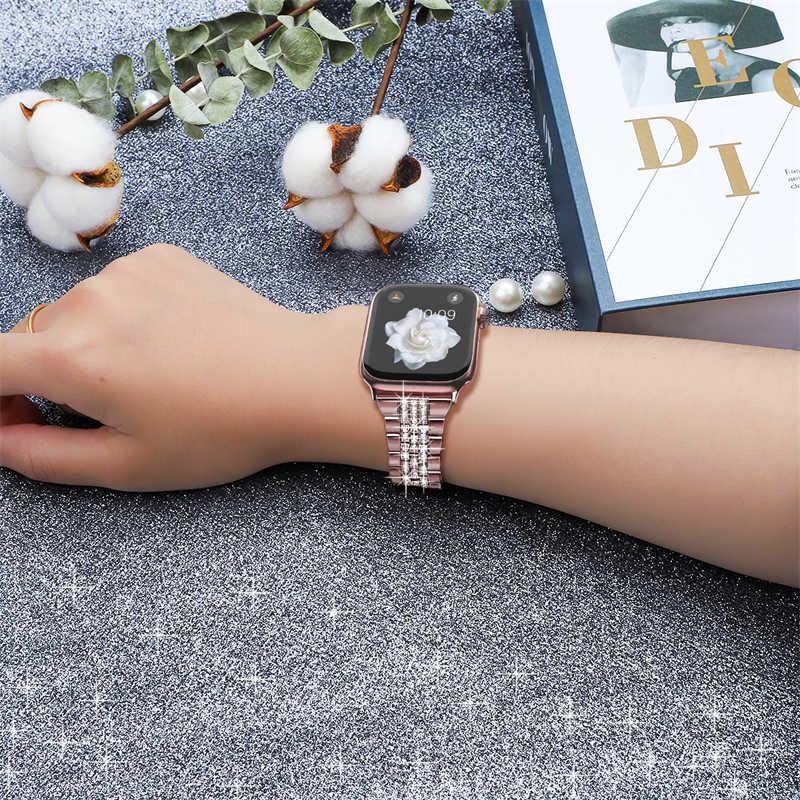 Metal Watchband with Rhinestone Adjustable for iWatch Series SE 7 6 5 4 3 2 1-Rose Pink