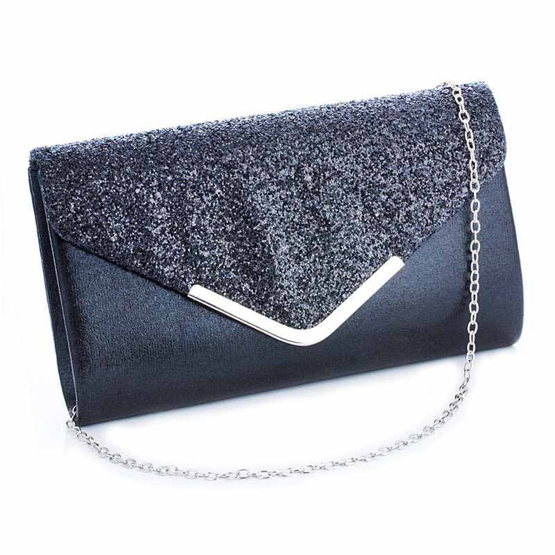 Women Evening Envelope Clutch Prom Sequin Shoulder Cross Body Bag-Black