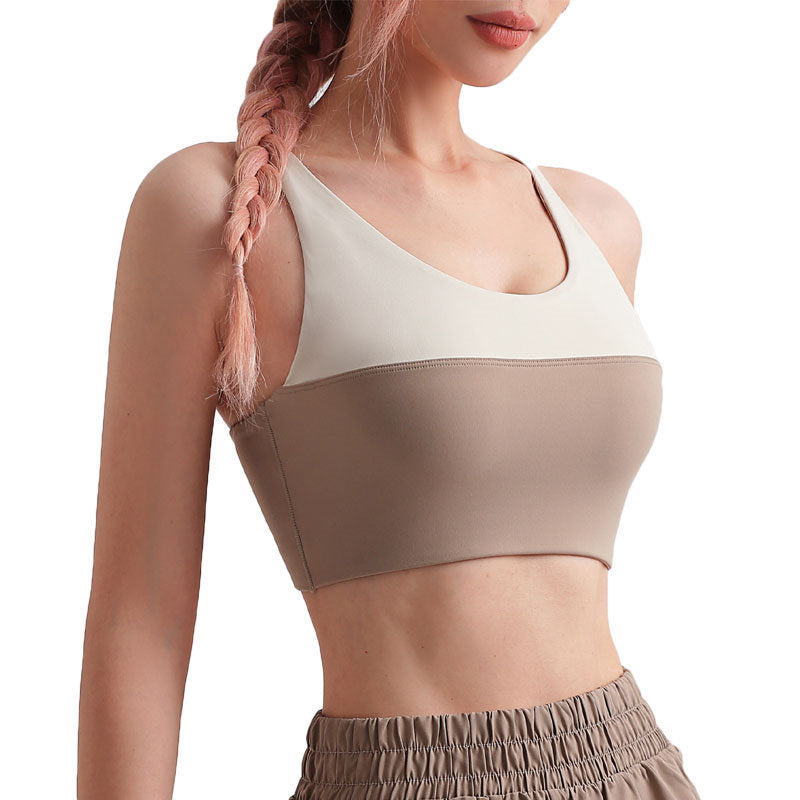 Color Stitching Sports Bra with Removable Cups Criss-Cross Back Vest-Khaki