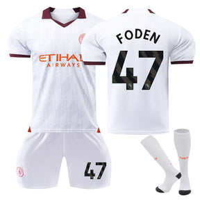 Manchester City Away Jersey FODEN #47 Soccer Jersey Kids Adult 3Pcs Jersey Kits-White