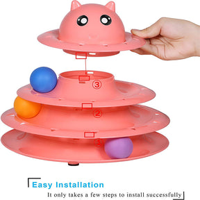 Cat Toy Roller 3-Level Turntable with Six Colorful Balls Interactive Puzzle Kitten Toys-Pink