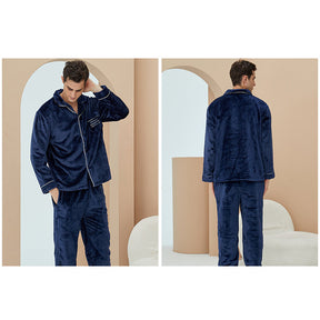 Thicken Warm Flannel Pajamas Set Homewear-Navy Blue