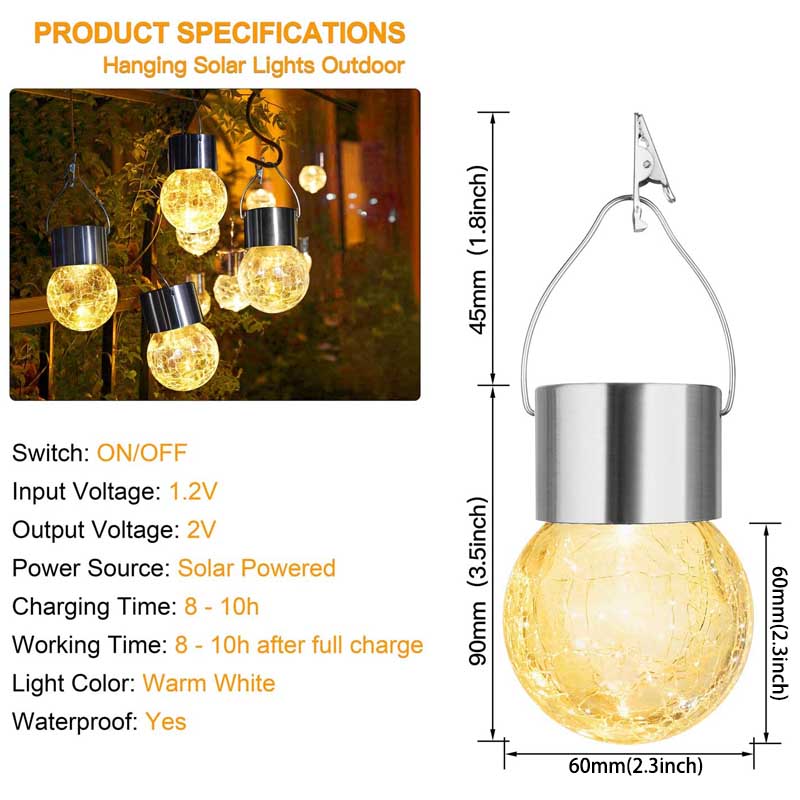 12-Pack Cracked Glass Ball Light Hanging Solar Lights Outdoor Solar Powered Waterproof Globe Lighting with Handle -Warm White