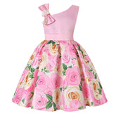 Oblique Shoulder Childrens Dress Rose Print Dress Girls Evening Party Costume-Glitter