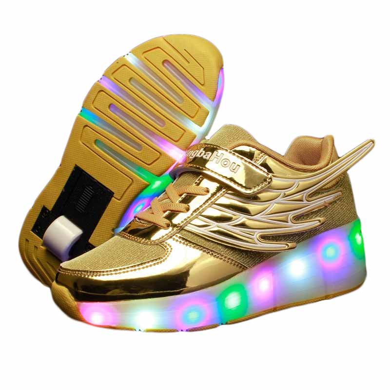 Kids LED Roller Skate Shoes Boys Girls Sneakers with Single Wheel-K03-Golden