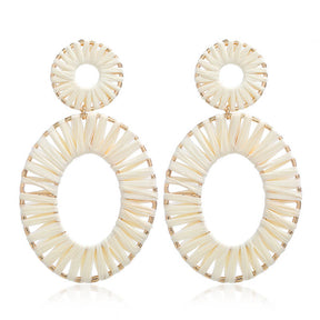 Raffia Tassel Hoop Drop Earrings for Women Girls-White