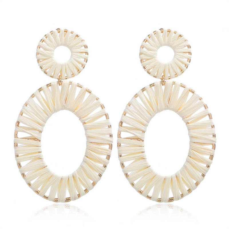 Raffia Tassel Hoop Drop Earrings for Women Girls-White