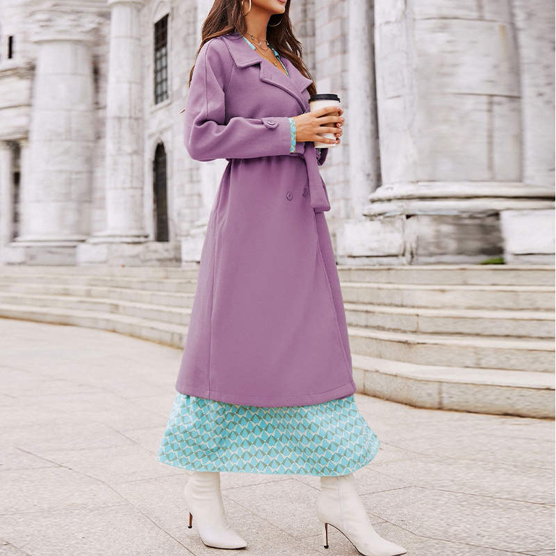 Lookbook Womens Elegant Woolen Coat Mid Length Trench Jacket with Belts-Purple