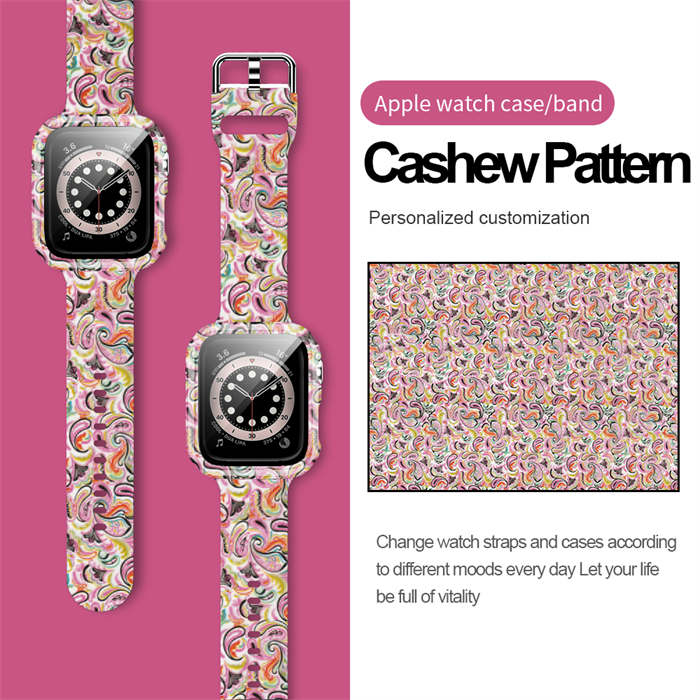 Silicone Printed Watch Band with Screen Protector Case for iWatch Series SE/6/5/4/3/2/1-CashewPattern