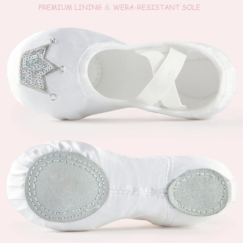 Ballet Shoes for Girls Soft Leather Satin Flat Gymnastic Shoes-White