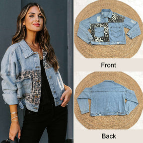 Womens Distressed Denim Jacket Patchwork Print Ripped Outwear-LeopardPattern