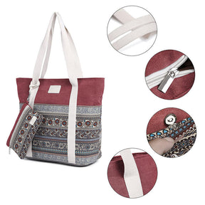 Womens Canvas With Pattern Handbag With Purse-Red Wine