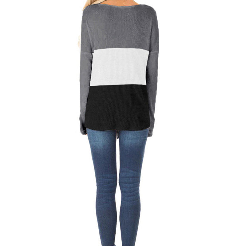 Womens Long Sleeve V-neck Autumn T-shirt Loose Top with Pockets-Gray