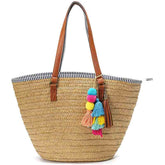 Straw Beach Tote Tassels Bag Summer Handwoven Shoulder Bags with Pom Poms