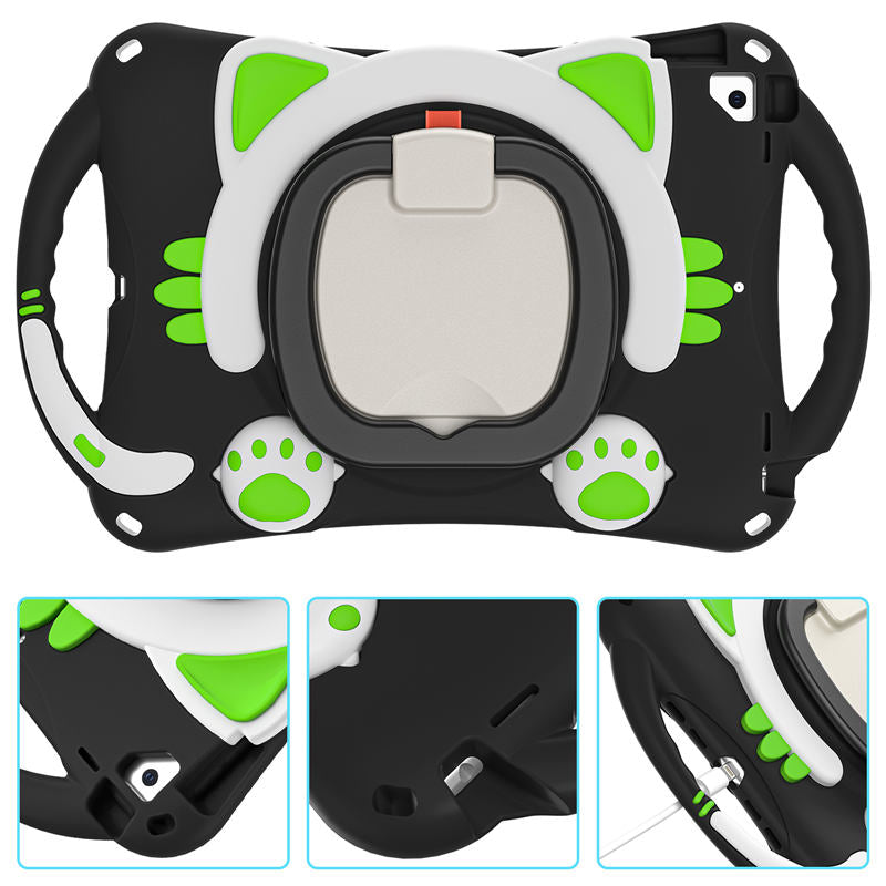 CatB Silicone Case For iPad 10.2 Air10.5 Pro10.5 Shockproof Shoulder Strap Handle Stand-Black Green